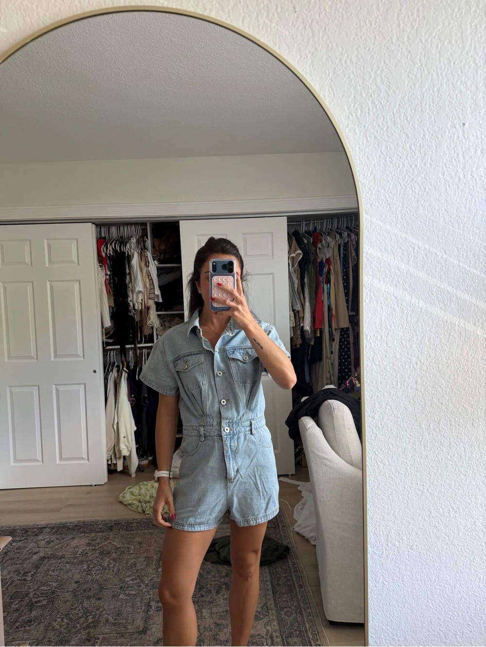 Pink Lily Light Blue Denim Short Overalls Romper